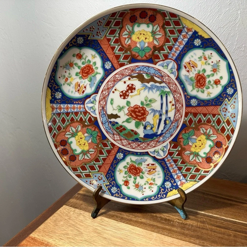 Decorative Imari-Style Porcelain Plate - Red, Blue, Gold Floral Design